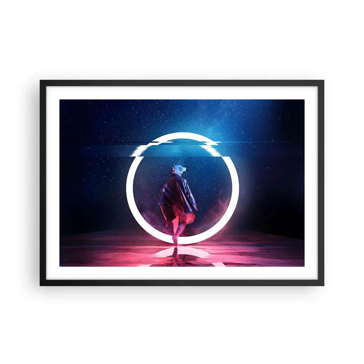 Póster en marco negro - Un personaje en un entorno futurista con un círculo de neón. - 70x50cm - Entre mundos - Decoración de pared moderna para salón y dormitorio ARTTOR