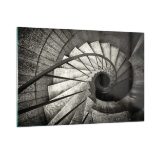 Cuadro sobre vidrio - Impresiones sobre Vidrio - Una escalera de caracol en blanco y negro vista desde una vista de pájaro - 120x80cm - Escaleras arriba, escaleras abajo - Decoración de pared moderna para salón y dormitorio ARTTOR