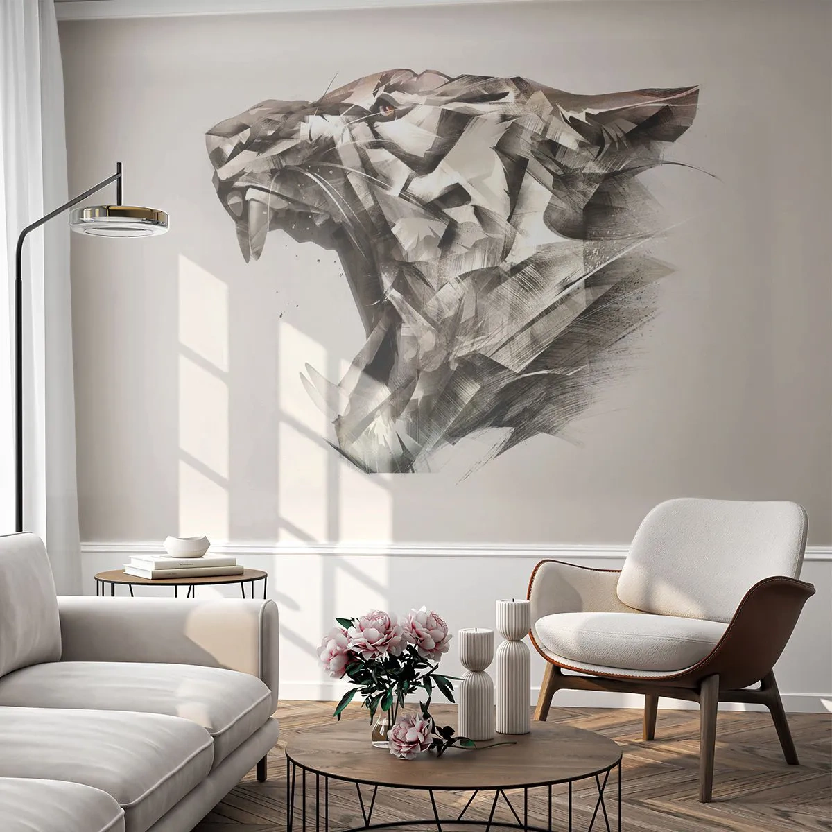 Fotomural Standard Eco - Cabeza geométrica de un tigre rugiente en tonos grises. - 100x70cm - Ya sabes quién manda - Decoración de pared moderna para salón y dormitorio ARTTOR