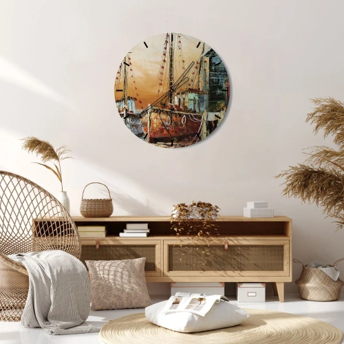 Reloj de pared - Reloj de vidrio - Imagen de barcos de vela en un pintoresco puerto al atardecer. - 30x30cm - Regreso pacífico - Decoración de pared moderna para salón, cocina y dormitorio ARTTOR