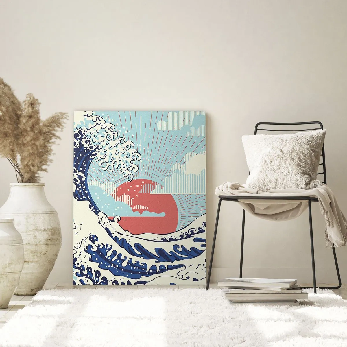 Cuadro sobre vidrio - Impresiones sobre Vidrio - Olas del océano y una puesta de sol al estilo japonés - 80x120cm - De inspiración japonesa - Decoración de pared moderna para salón y dormitorio ARTTOR