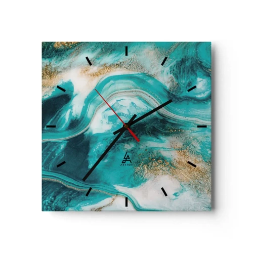 Reloj de pared - Reloj de vidrio - Abstracción turquesa con acentos blancos y dorados. - 30x30cm - Río de oro - Decoración de pared moderna para salón y dormitorio ARTTOR