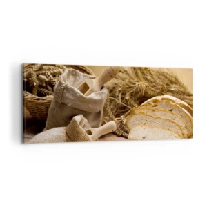 Cuadro sobre lienzo - Impresión de Imagen - Un paisaje con pan, harina y espigas de trigo en estilo rústico. - 120x50cm - Corte perfecto - Decoración de pared moderna para salón y dormitorio ARTTOR