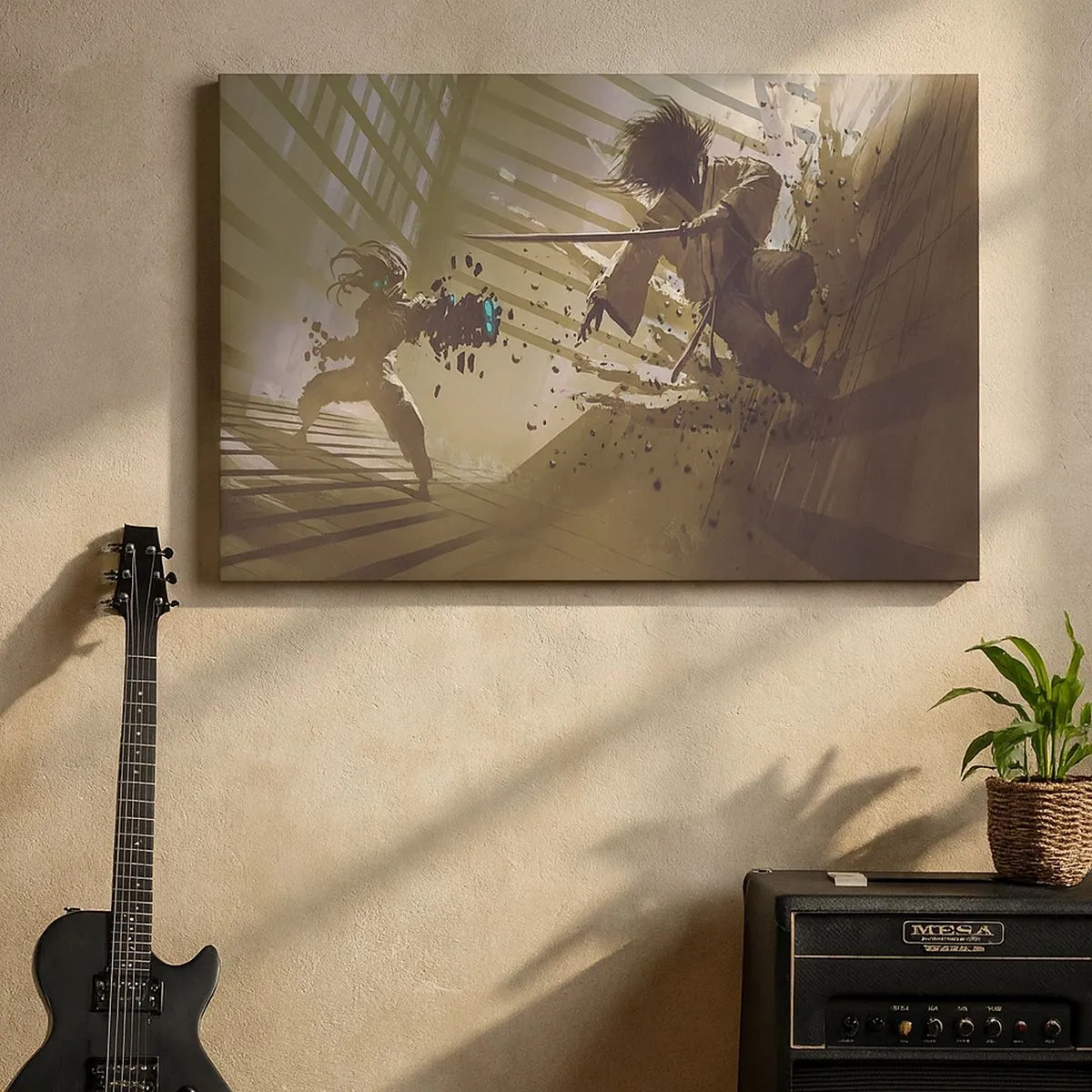 Cuadro sobre lienzo - Impresión de Imagen - Lucha dinámica entre dos personajes en estilo futurista. - 70x50cm - Y puedes ser un samurai - Decoración de pared moderna para salón y dormitorio ARTTOR