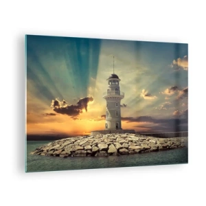 Cuadro sobre vidrio - Impresiones sobre Vidrio - Un faro con el sol poniente como telón de fondo - 70x50cm - Luz - Bondad - Belleza - Decoración de pared moderna para salón y dormitorio ARTTOR