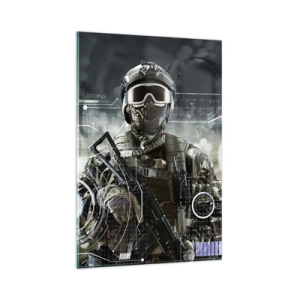 Cuadro sobre vidrio - Impresiones sobre Vidrio - Un soldado con un casco futurista y una pistola en un fondo de tecnología. - 80x120cm - De poder a poder - Decoración de pared moderna para salón y dormitorio ARTTOR