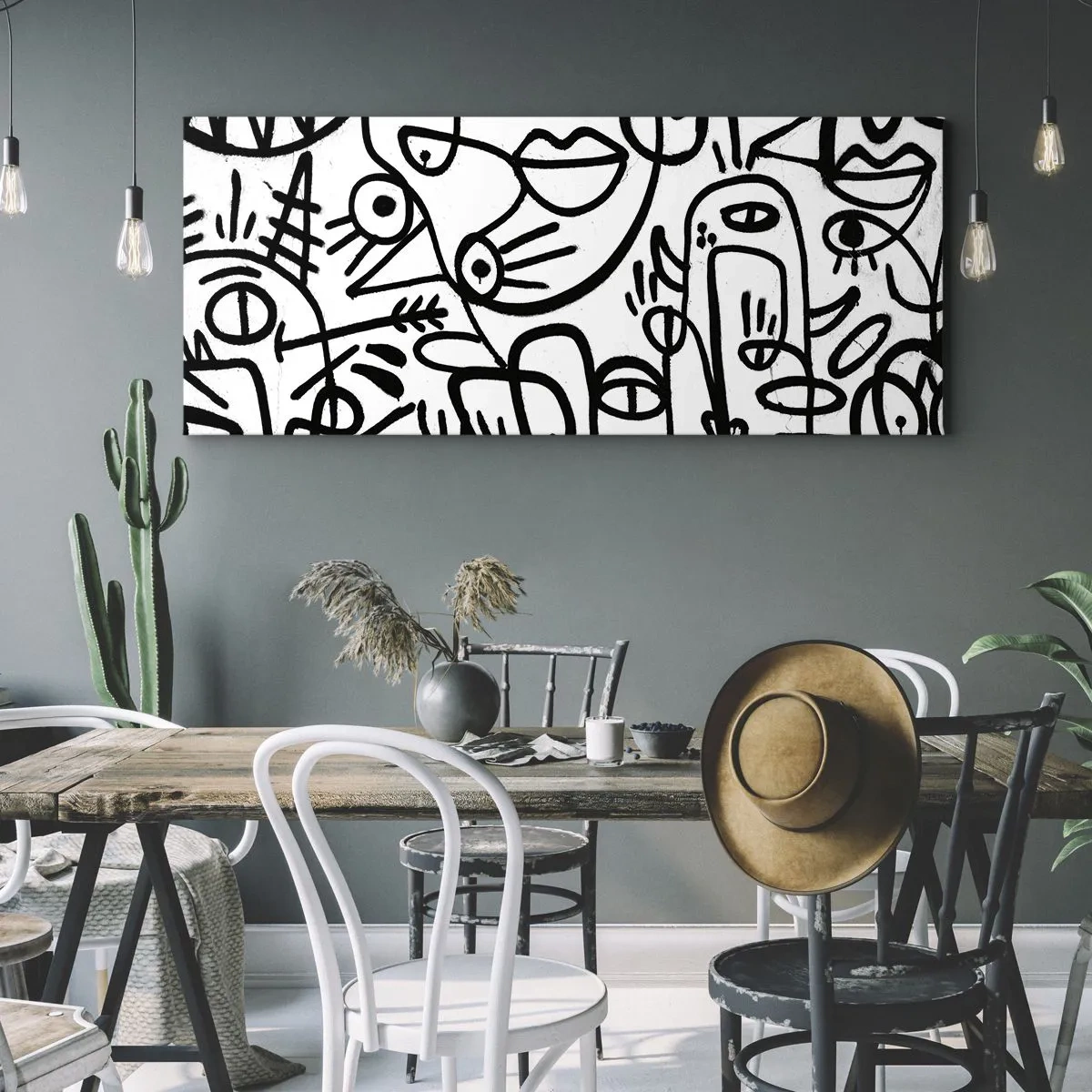 Cuadro sobre lienzo - Impresión de Imagen - Dibujos abstractos en blanco y negro con motivos faciales. - 120x50cm - Rostros y espejismos - Decoración de pared moderna para salón y dormitorio ARTTOR