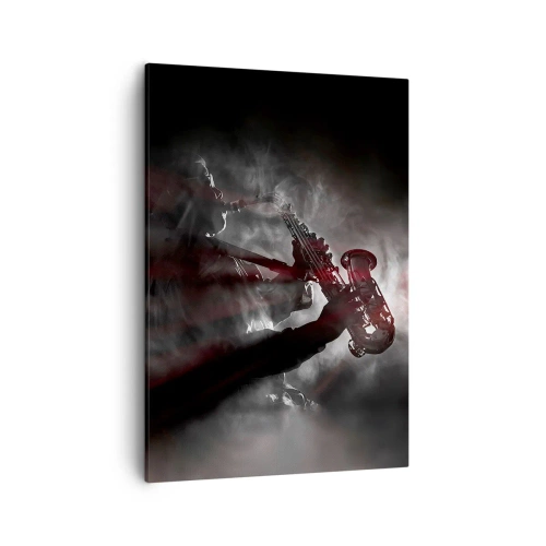 Cuadro sobre lienzo - Impresión de Imagen - Saxofonista en humo en el escenario en negro y rojo atmosférico - 50x70cm - En el vapor del jazz - Decoración de pared moderna para salón y dormitorio ARTTOR