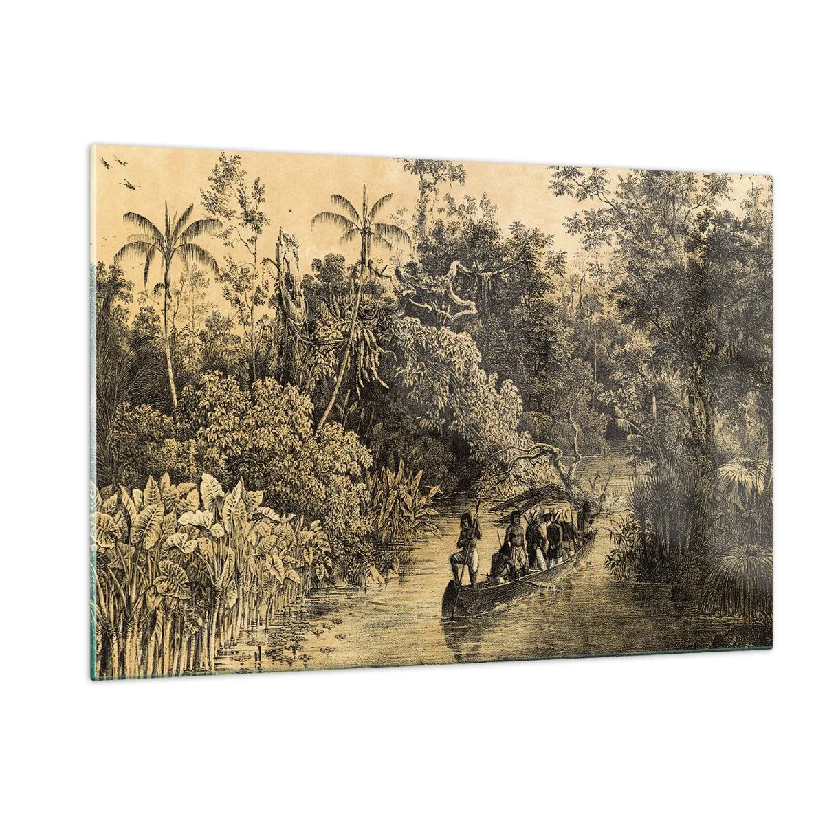 Cuadro sobre vidrio - Impresiones sobre Vidrio - Impresión retro que representa un viaje por la jungla. - 120x80cm - Expedición a la fuente - Decoración de pared moderna para salón y dormitorio ARTTOR