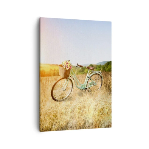 Cuadro sobre lienzo - Impresión de Imagen - Una bicicleta retro con una cesta llena de flores sobre un fondo de pradera. - 50x70cm - Me quedaré aquí un tiempo - Decoración de pared moderna para salón y dormitorio ARTTOR