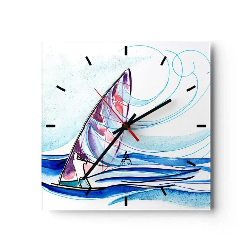 Reloj de pared - Reloj de vidrio - Un surfista montando las olas en una composición abstracta de acuarela. - 30x30cm - Con el viento al ritmo de las olas - Decoración de pared moderna para salón y dormitorio ARTTOR