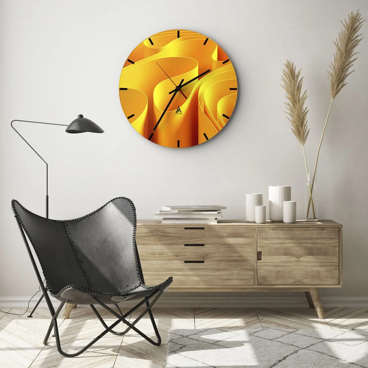 Reloj de pared - Reloj de vidrio - Formas abstractas doradas que se asemejan a ondas de luz. - 30x30cm - Como las olas del sol - Decoración de pared moderna para salón, cocina y dormitorio ARTTOR