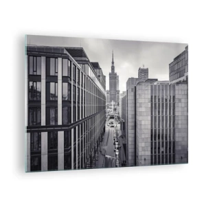 Cuadro sobre vidrio - Impresiones sobre Vidrio - Vista de la ciudad en blanco y negro con rascacielos y una calle. - 70x50cm - Valle de Varsovia - Decoración de pared moderna para salón y dormitorio ARTTOR