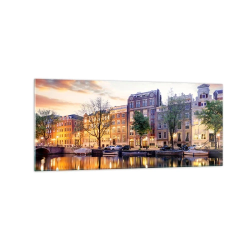 Cuadro sobre vidrio - Impresiones sobre Vidrio - Canal con reflejo de casas de vecindad a la luz del atardecer - 120x50cm - La belleza holandesa, sobria y tranquila - Decoración de pared moderna para salón y dormitorio ARTTOR
