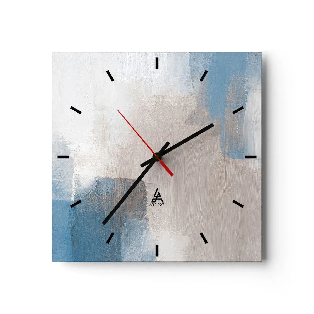 Reloj de pared - Reloj de vidrio - Formas abstractas en tonos azules y beige. - 30x30cm - Abstracción rosa tras un velo azul - Decoración de pared moderna para salón y dormitorio ARTTOR