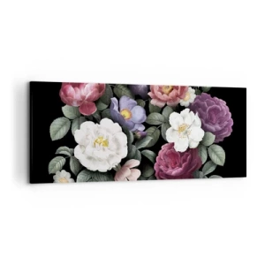 Cuadro sobre lienzo - Impresión de Imagen - Flores en varios colores sobre fondo negro. - 120x50cm - De un jardín inglés - Decoración de pared moderna para salón y dormitorio ARTTOR