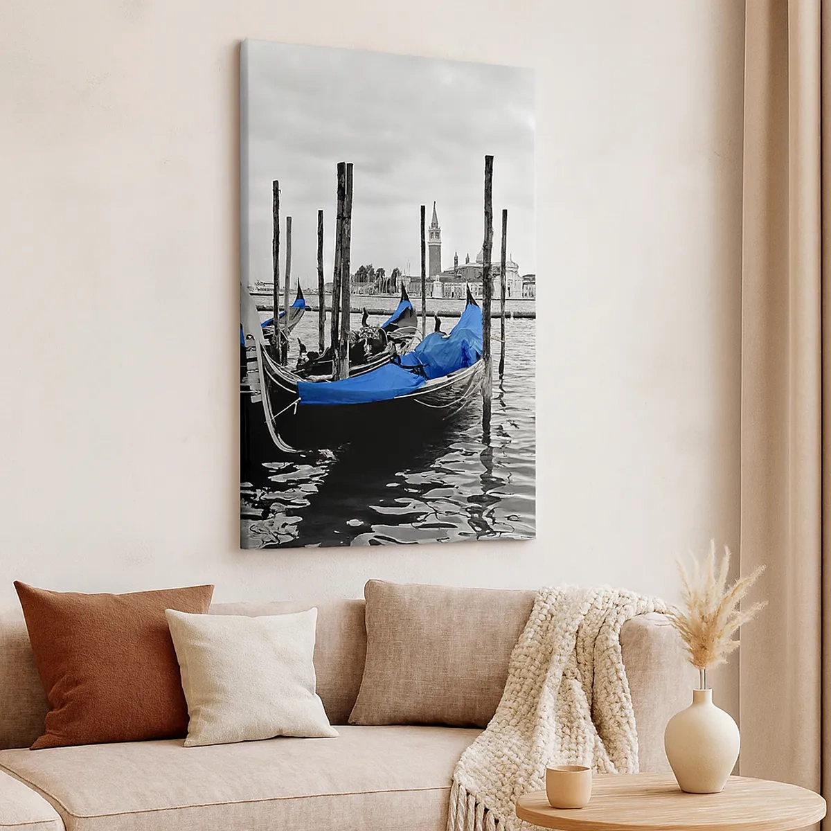 Cuadro sobre lienzo - Impresión de Imagen - Góndolas en Venecia con cubiertas azules - 50x70cm - Venecia en el pensamiento - Decoración de pared moderna para salón y dormitorio ARTTOR