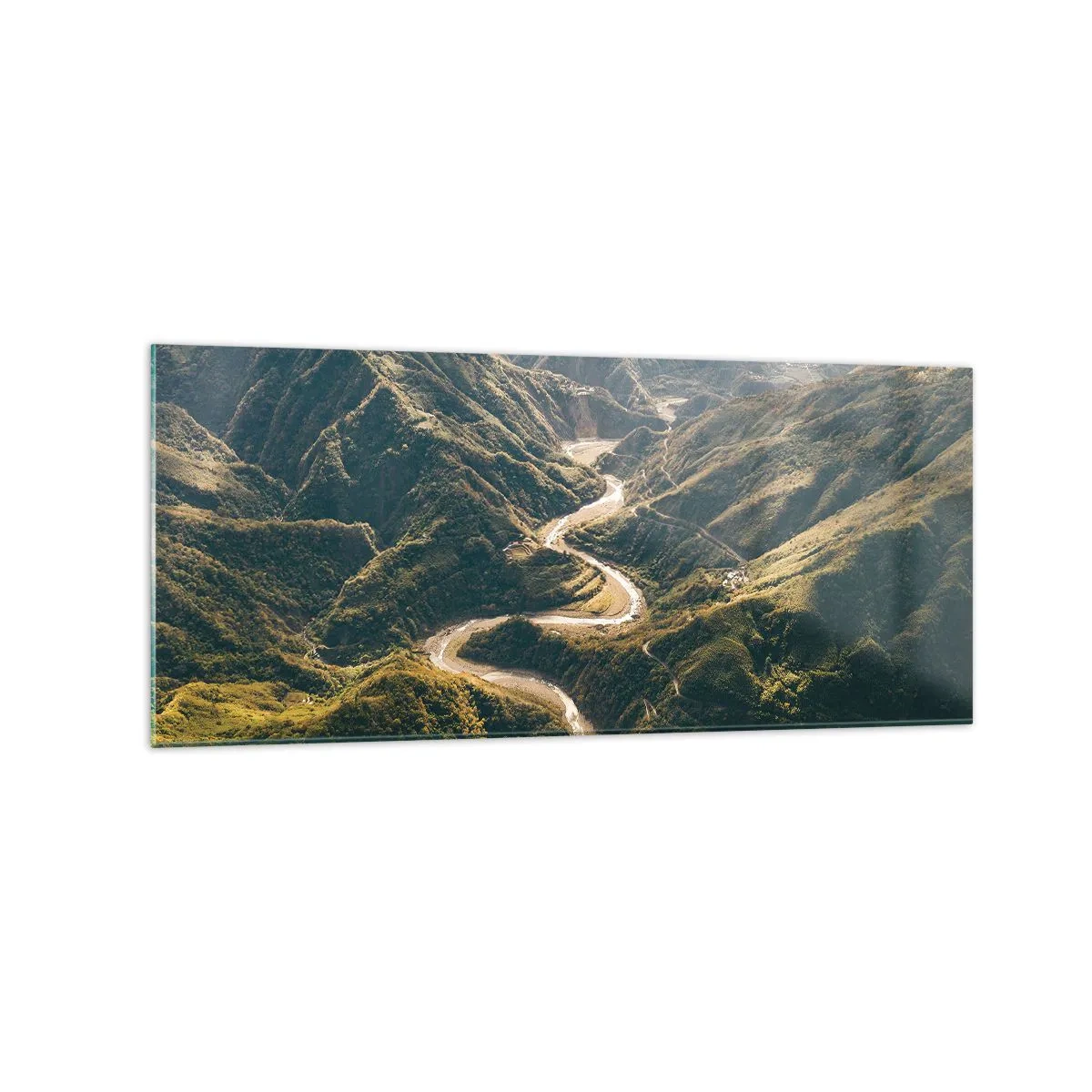 Cuadro sobre vidrio - Impresiones sobre Vidrio - Un paisaje de montaña con un camino sinuoso entre colinas verdes. - 120x50cm - Directamente desde el corazón de las montañas - Decoración de pared moderna para salón y dormitorio ARTTOR