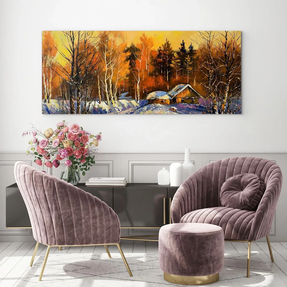 Cuadro sobre vidrio - Impresiones sobre Vidrio - Paisaje invernal con una casa a la luz del sol poniente. - 120x50cm - Una impresión invernal al sol - Decoración de pared moderna para salón y dormitorio ARTTOR