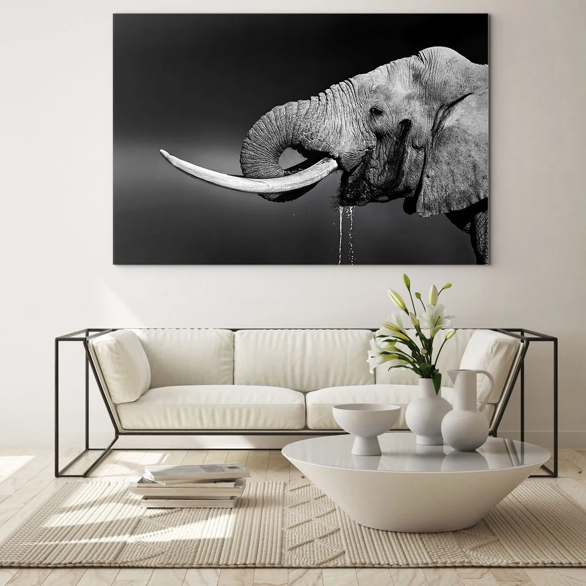 Cuadro sobre vidrio - Impresiones sobre Vidrio - Retrato en blanco y negro de un elefante con trompa. - 100x70cm - Majestuoso - Decoración de pared moderna para salón y dormitorio ARTTOR