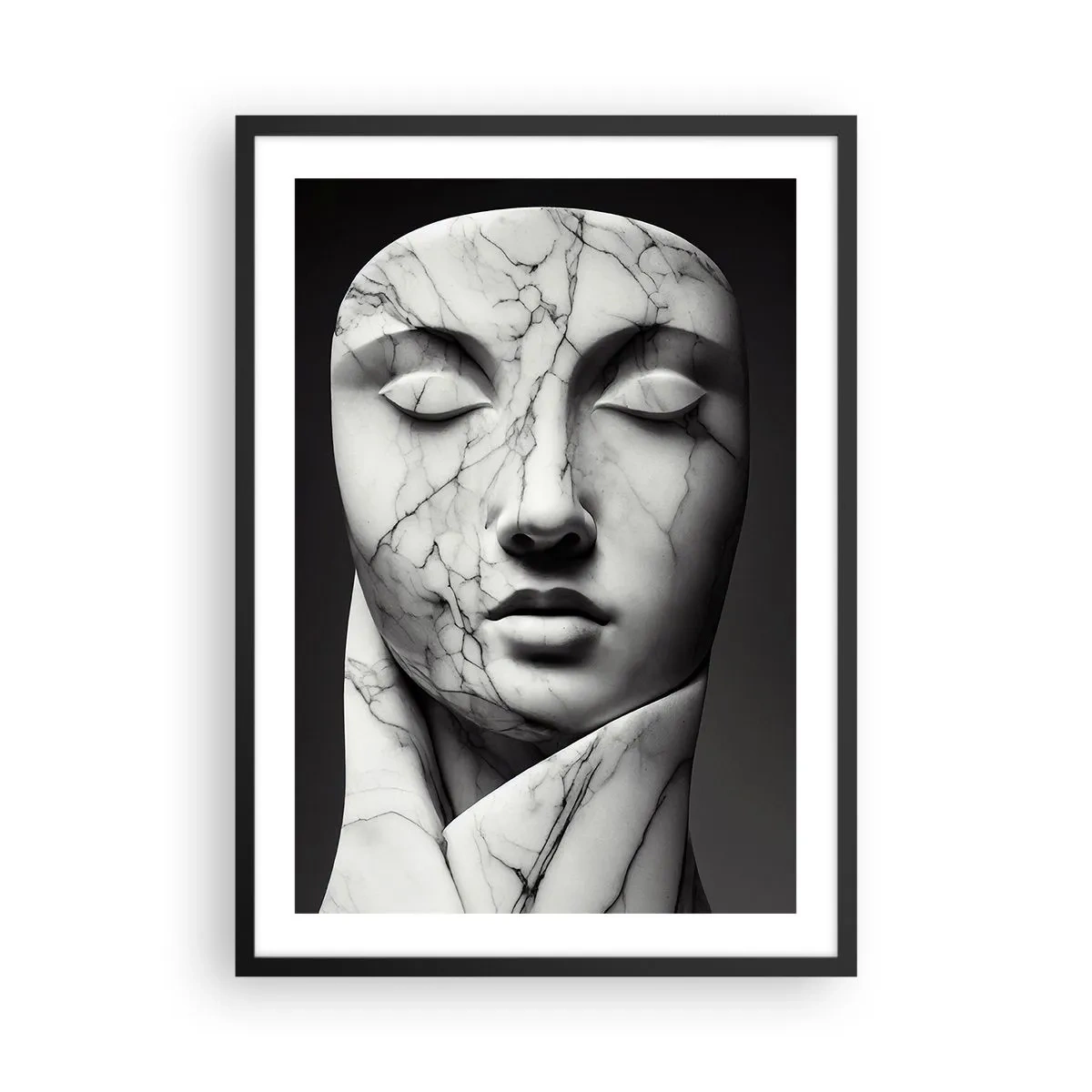 Póster en marco negro - Escultura de mármol con cara con ojos cerrados sobre fondo negro. - 50x70cm - Formas de mármol - Decoración de pared moderna para salón y dormitorio ARTTOR