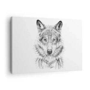 Cuadro sobre lienzo - Impresión de Imagen - Boceto de una cabeza de lobo en estilo monocromático sobre fondo blanco. - 70x50cm - Un líder nato - Decoración de pared moderna para salón y dormitorio ARTTOR