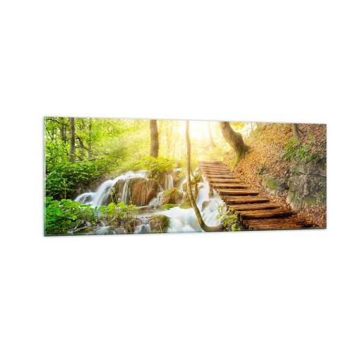 Cuadro sobre vidrio - Impresiones sobre Vidrio - Camino forestal con escaleras de madera junto a la cascada. - 140x50cm - El ansiado frescor - Decoración de pared moderna para salón y dormitorio ARTTOR