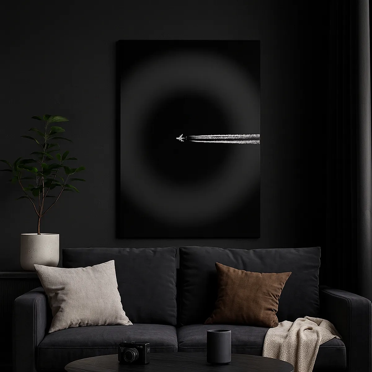 Cuadro sobre lienzo - Impresión de Imagen - Un avión a reacción con una estela de condensación visible sobre un fondo negro. - 50x70cm - En otra dimensión - Decoración de pared moderna para salón y dormitorio ARTTOR