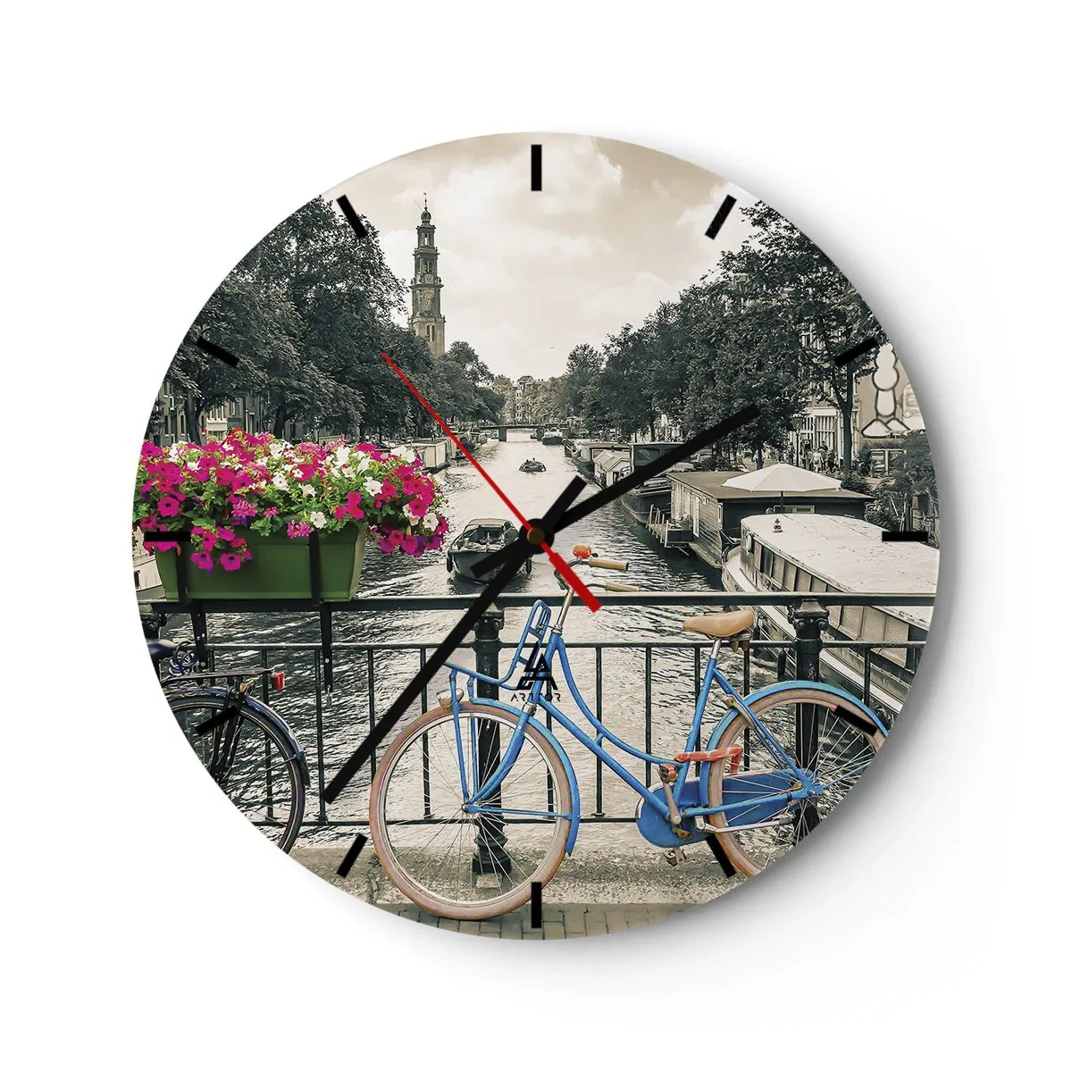 Reloj de pared - Reloj de vidrio - Un puente para bicicletas sobre un canal en Ámsterdam - 30x30cm - Los colores de una calle de Ámsterdam - Decoración de pared moderna para salón, cocina y dormitorio ARTTOR