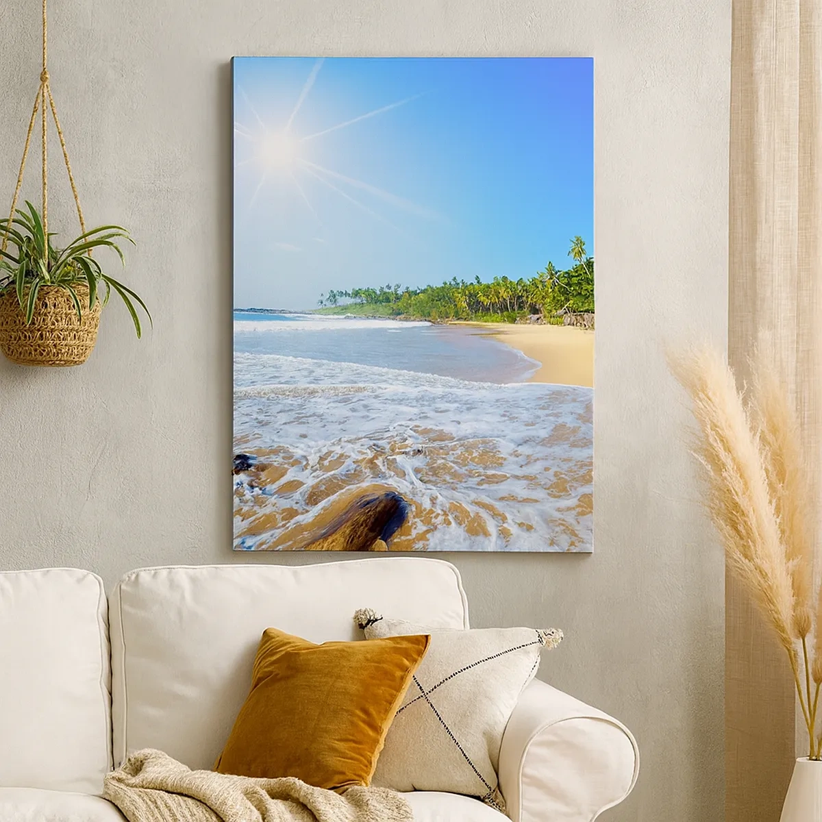 Cuadro sobre lienzo - Impresión de Imagen - Playa tropical con palmeras y cielo azul. - 50x70cm - Un lugar exótico para ti - Decoración de pared moderna para salón y dormitorio ARTTOR