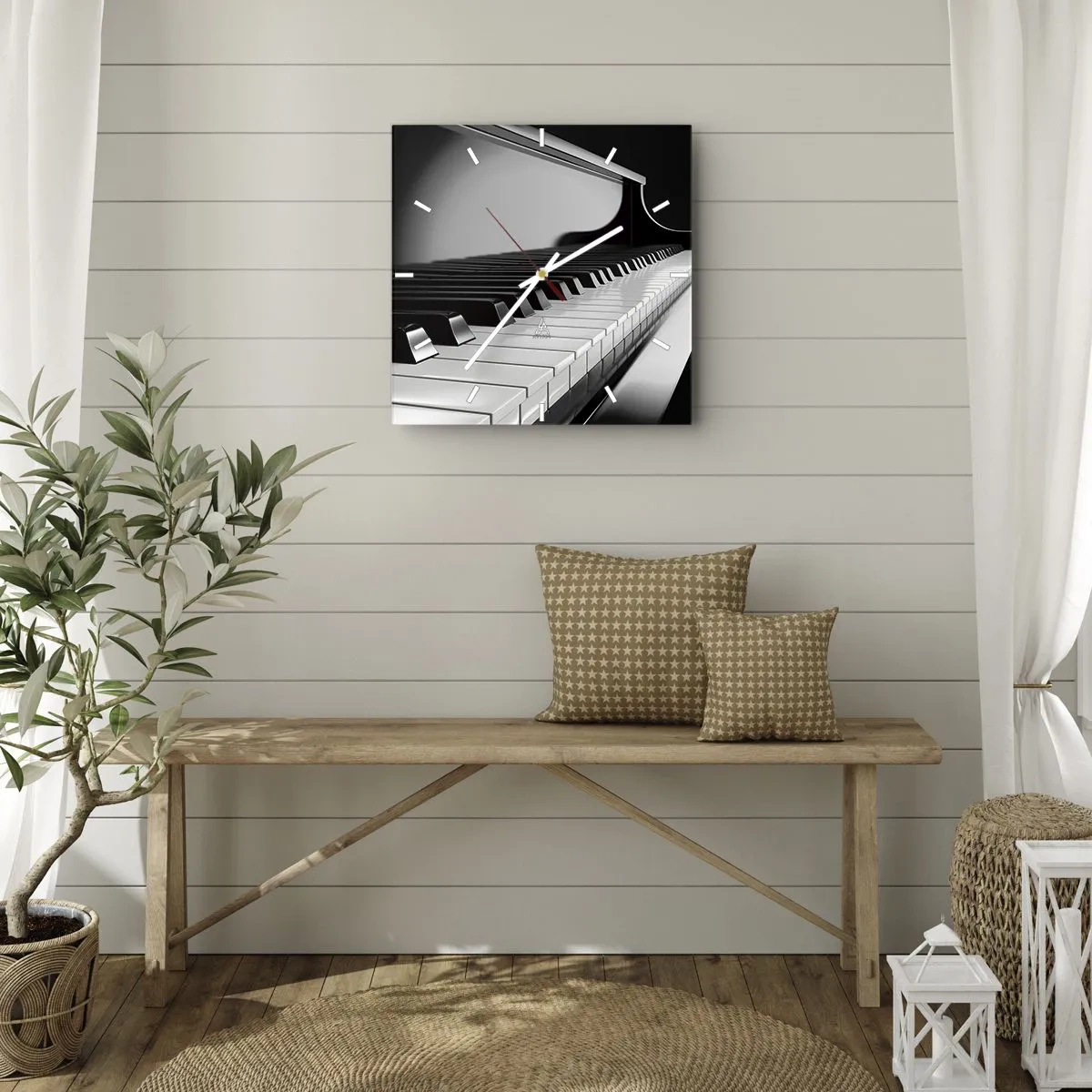 Reloj de pared - Reloj de vidrio - Teclas de piano en una elegante fotografía en blanco y negro - 30x30cm - Armonía musical - Decoración de pared moderna para salón y dormitorio ARTTOR