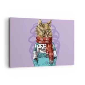 Cuadro sobre lienzo - Impresión de Imagen - Un gato con un suéter y una bufanda sobre un fondo morado. - 120x80cm - El gato no solo tenía botas - Decoración de pared moderna para salón y dormitorio ARTTOR