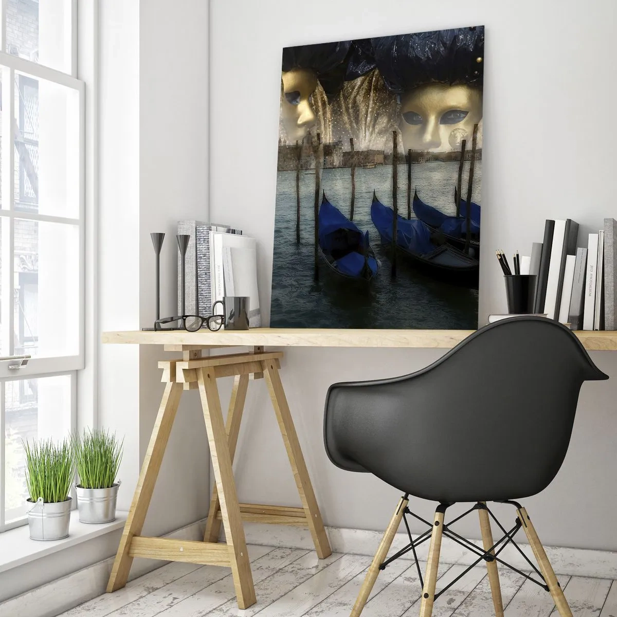 Cuadro sobre vidrio - Impresiones sobre Vidrio - Venecia con góndolas y máscaras de carnaval - 50x70cm - El tiempo de carnaval ha comenzado - Decoración de pared moderna para salón y dormitorio ARTTOR