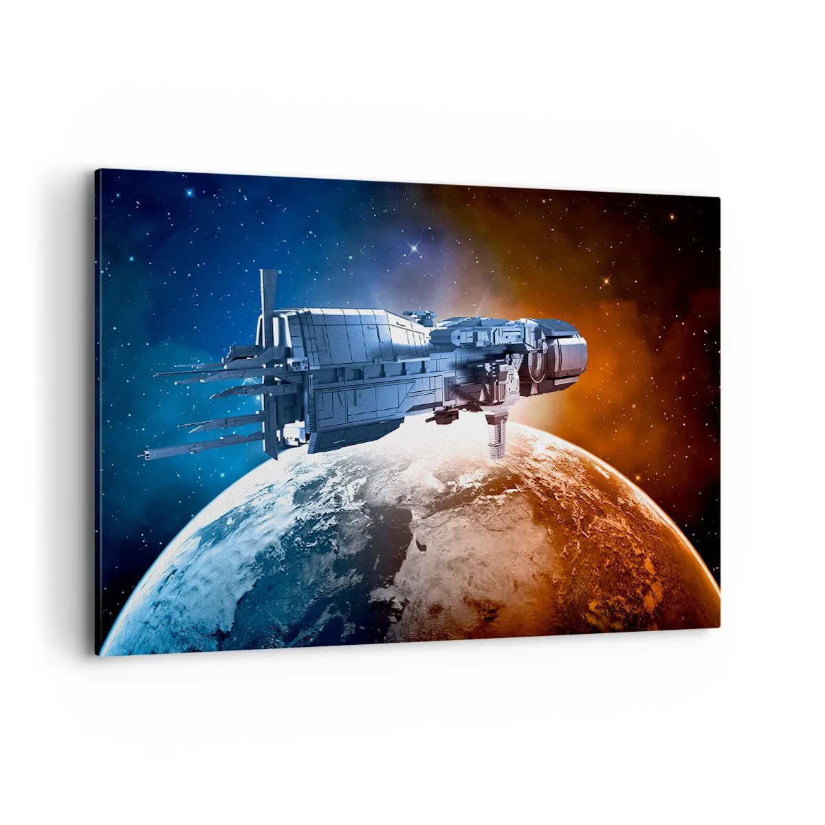 Cuadro sobre lienzo - Impresión de Imagen - Una nave espacial con un planeta en el espacio como telón de fondo. - 100x70cm - Un observador atento - Decoración de pared moderna para salón y dormitorio ARTTOR