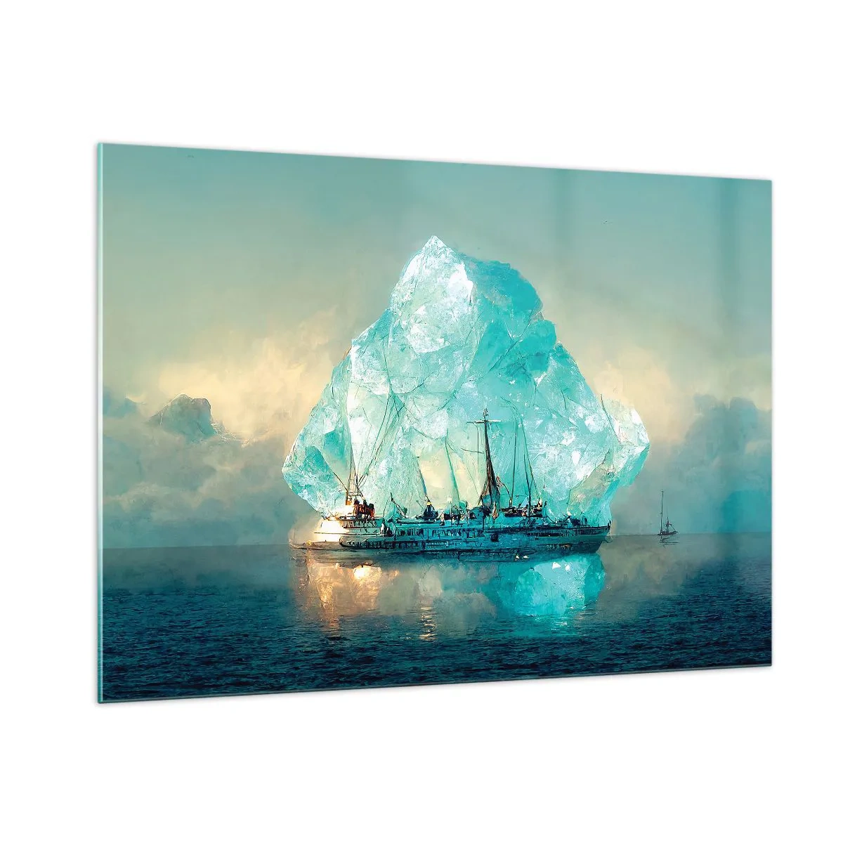 Cuadro sobre vidrio - Impresiones sobre Vidrio - Un velero frente a un enorme glaciar en la luz del Ártico. - 100x70cm - Diamante ártico - Decoración de pared moderna para salón y dormitorio ARTTOR