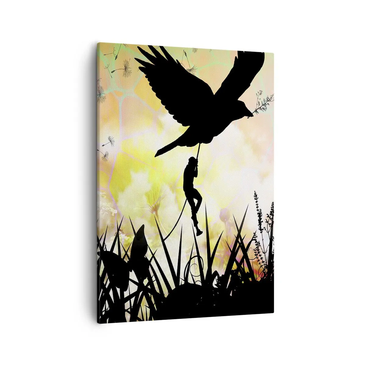 Cuadro sobre lienzo - Impresión de Imagen - Silueta de naturaleza con un pájaro y un diente de león. - 50x70cm - En un ambiente de cuento de hadas - Decoración de pared moderna para salón y dormitorio ARTTOR
