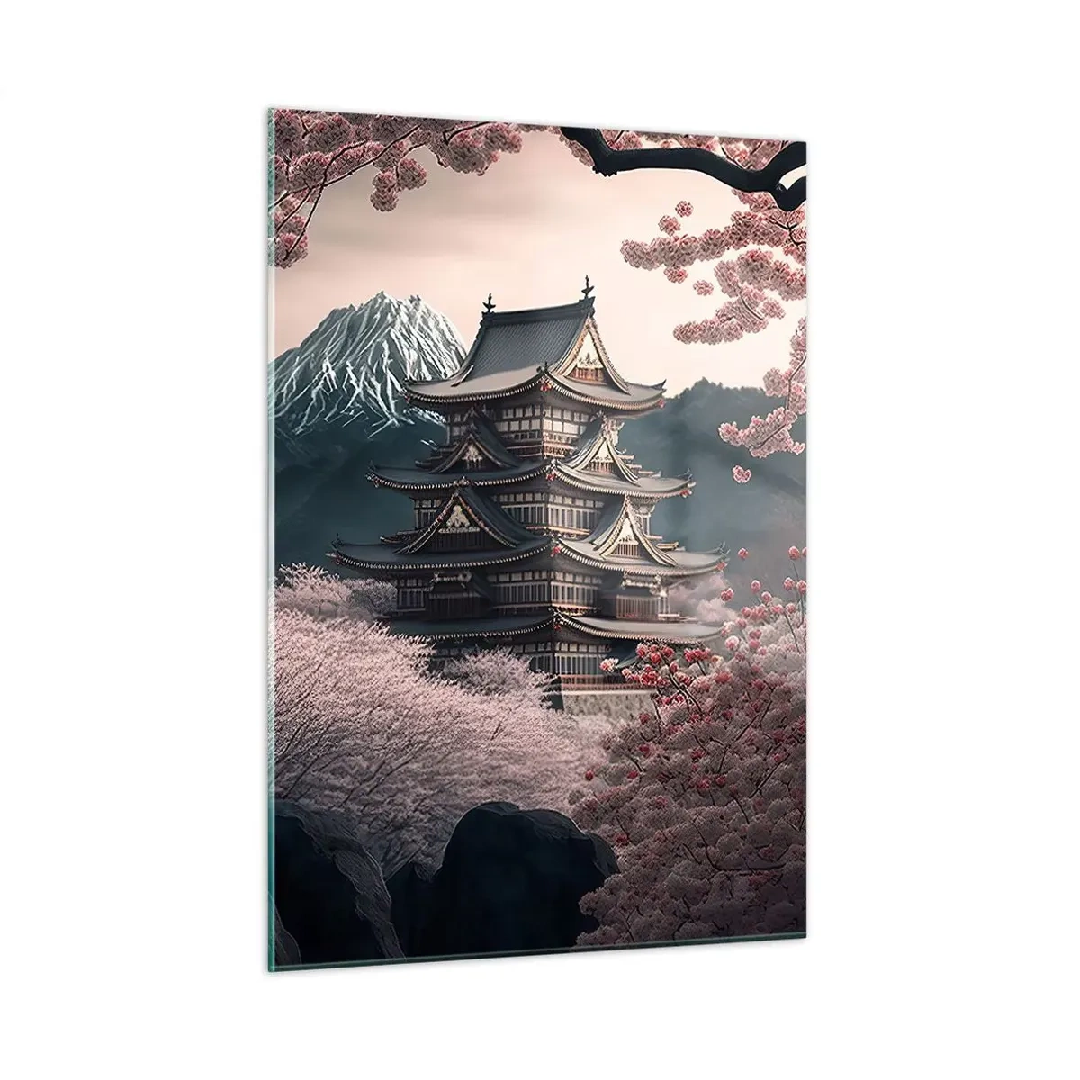 Cuadro sobre vidrio - Impresiones sobre Vidrio - Una pagoda japonesa tradicional entre flores de cerezo y montañas. - 50x70cm - Tierra de cerezos en flor - Decoración de pared moderna para salón y dormitorio ARTTOR