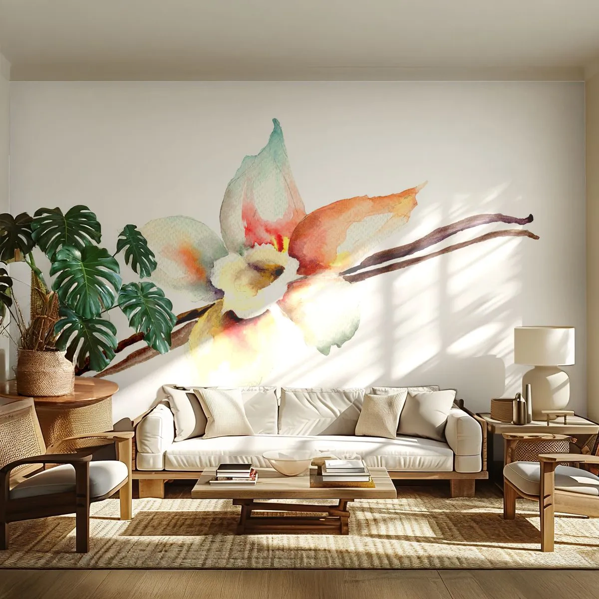 Fotomural Premium Canvas - Dulzura salpicada de pintura - flor de vainilla, Flor, palito de vainilla - 300x210 cm