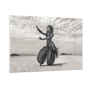 Cuadro sobre vidrio - Impresiones sobre Vidrio - Fotografía en blanco y negro de una bailarina en el desierto. - 120x80cm - Danza de las Islas del Sur - Decoración de pared moderna para salón y dormitorio ARTTOR
