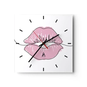 Reloj de pared - Reloj de vidrio - Dibujo de labios minimalista en tono rosa. - 30x30cm - ¿Listo para un beso? - Decoración de pared moderna para salón y dormitorio ARTTOR