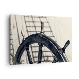 Cuadro sobre lienzo - Impresión de Imagen - Un timón de vela de estilo retro con un barco al fondo. - 70x50cm - Un cuento marino - Decoración de pared moderna para salón y dormitorio ARTTOR