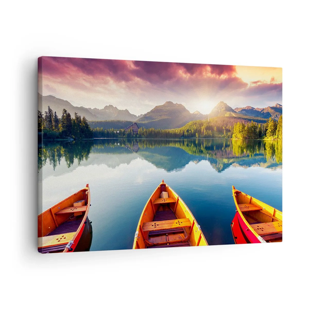 Cuadro sobre lienzo - Impresión de Imagen - Tres barcos de madera con el telón de fondo de un lago de montaña al atardecer - 70x50cm - Frente a la naturaleza - Decoración de pared moderna para salón y dormitorio ARTTOR