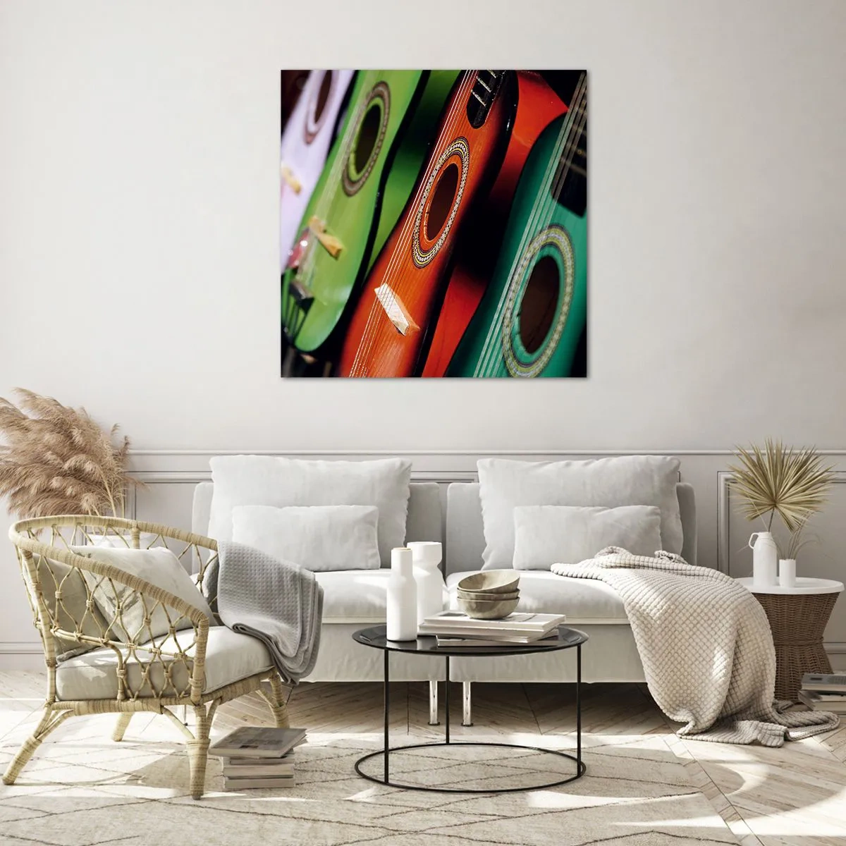 Cuadro sobre vidrio - Impresiones sobre Vidrio - La guitarra tiene muchos colores - 40x40 cm