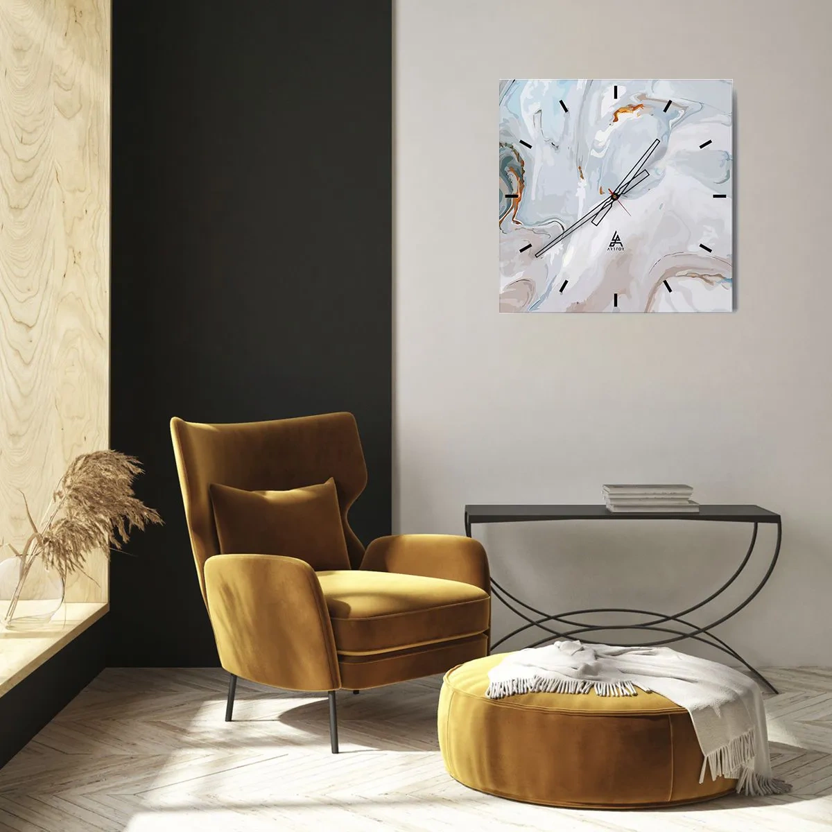 Reloj de pared - Reloj de vidrio - Ondas abstractas en tonos azules y blancos - 30x30cm - Blanco fusión - Decoración de pared moderna para salón y dormitorio ARTTOR