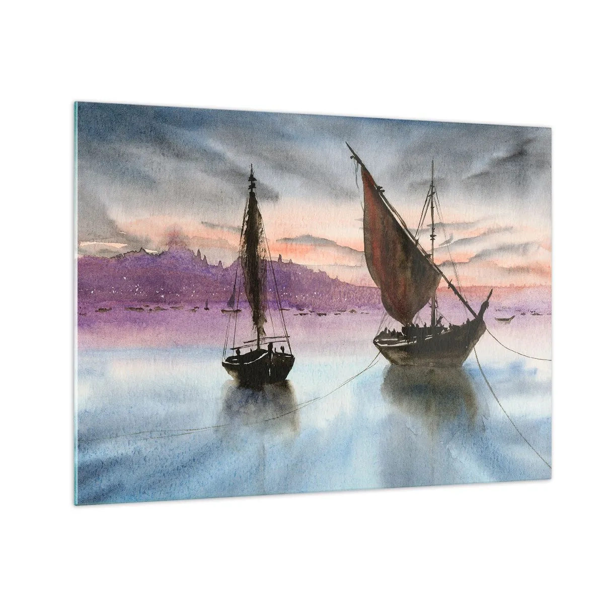 Cuadro sobre vidrio - Impresiones sobre Vidrio - Dos veleros en aguas tranquilas al atardecer - 70x50cm - Atardecer en el puerto - Decoración de pared moderna para salón y dormitorio ARTTOR