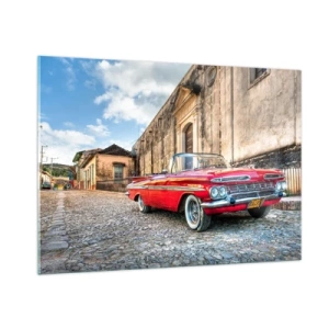 Cuadro sobre vidrio - Impresiones sobre Vidrio - Un clásico convertible rojo en una calle adoquinada en un entorno retro. - 100x70cm - Emociones cubanas - Decoración de pared moderna para salón y dormitorio ARTTOR