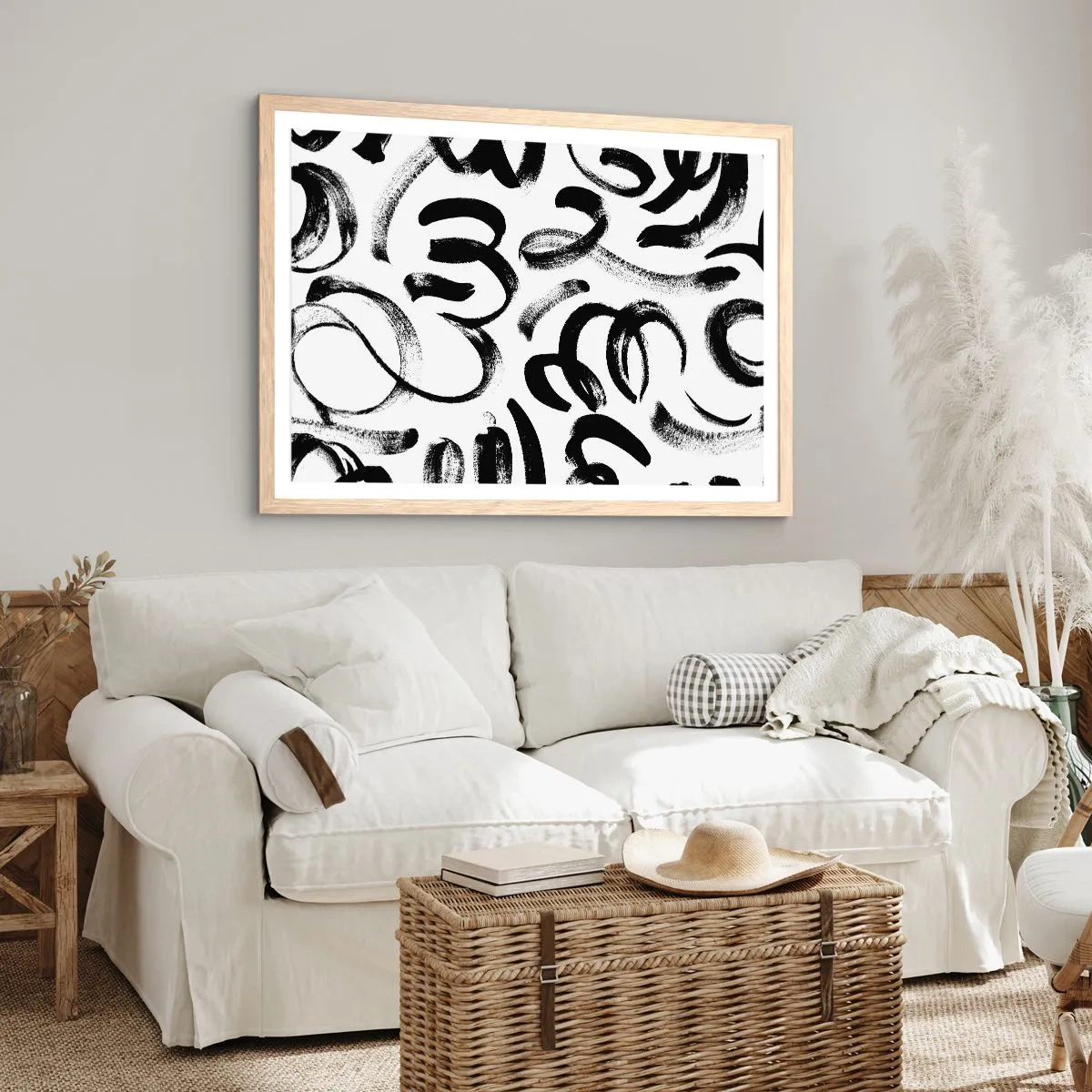 Póster en marco roble claro - Negro sobre blanco - 50x40 cm