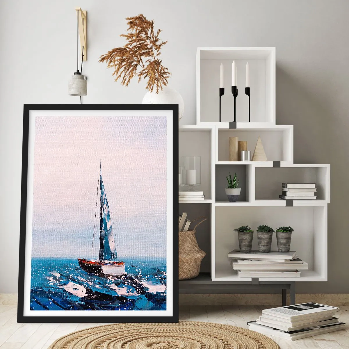 Póster en marco negro - Un velero en un océano tempestuoso en estilo pictórico. - 50x70cm - Hermandad del viento - Decoración de pared moderna para salón y dormitorio ARTTOR