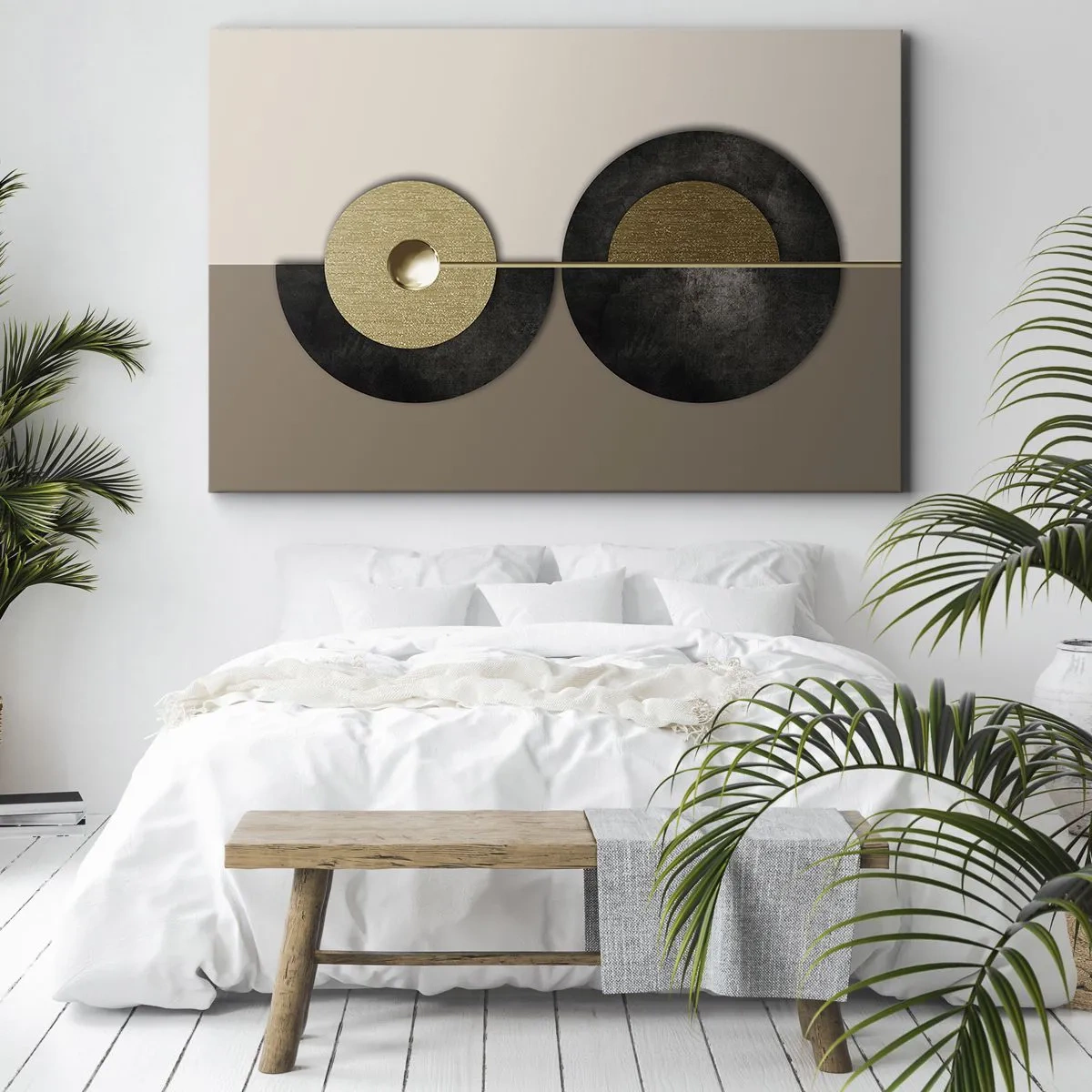 Cuadro sobre lienzo - Impresión de Imagen - Círculos abstractos en tonos dorados y marrones. - 70x50cm - Variaciones en torno a un círculo - Decoración de pared moderna para salón y dormitorio ARTTOR