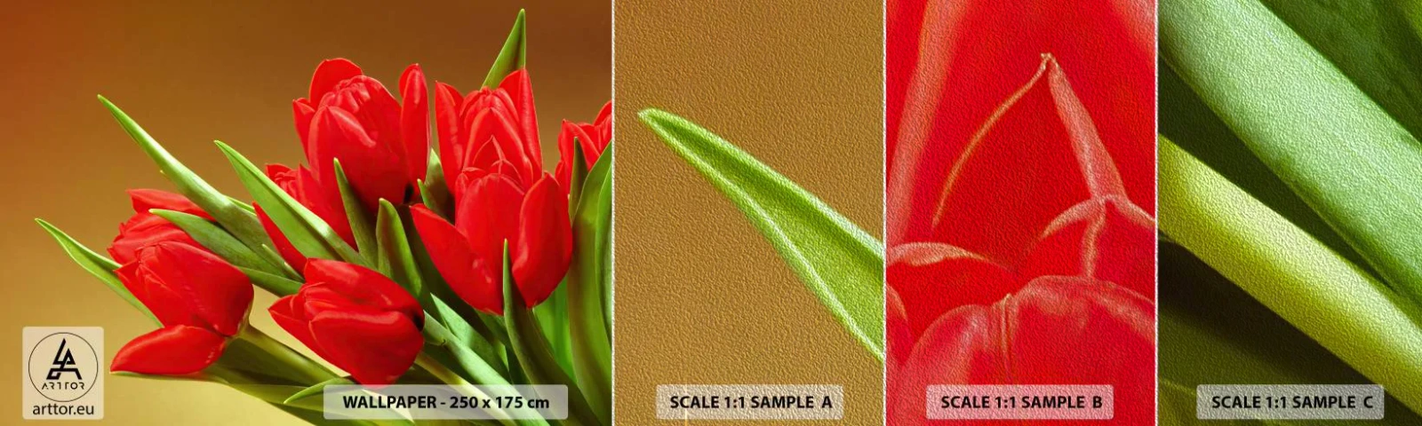 Muestra de fotomural Premium Sand - Estallido de alegría primaveral - flores, tulipanes, Ramo de flores - 100x30 cm